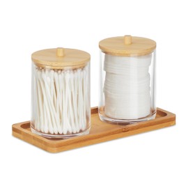 Relaxdays Cotton Bud Container with Tray, 2 Cups with Lid, Cosmetic Organiser, Plastic/Bamboo, Transparent/Natural