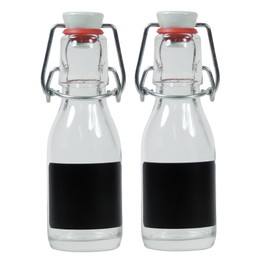 Viva Haushaltswaren - 2 x kleine Glasflasche 100 ml leer mit Bügelverschluss aus Porzellan zum Befüllen, als transparente Saftflasche und Ölflasche verwendbar (inkl. 2 Beschriftungsetiketten)