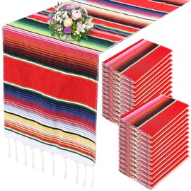 Mixweer 24 Pcs Mexican Serape Table Runner - Colorful Mexican Fringe Cotton Serape Blanket Stripe Table Runner for Party Fiesta Decorations, 14 x 84 Inches