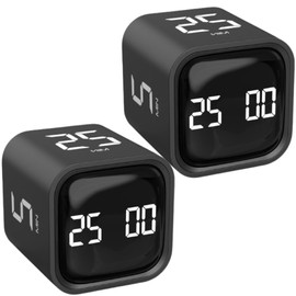 Rotating Pomodoro Timer 5, 25, 10 50 Minutes Preset, Desk Productivity Timer w/Gra vity Sensor, ADHD Tool Cube Countdown, Custom Modes, for Work, Study, Back to School, Kitchen, Black, 2 Pack