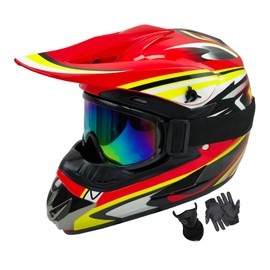 Youth Dirt Bike Helmets Kids Motocross, Motorcycle, BMX, ATV, Off-Road, Four Wheeler, Moutain Bike Fashion Full Face Helmets Dot Approved (Goggles Gloves Faceshield) (Red X-Small)