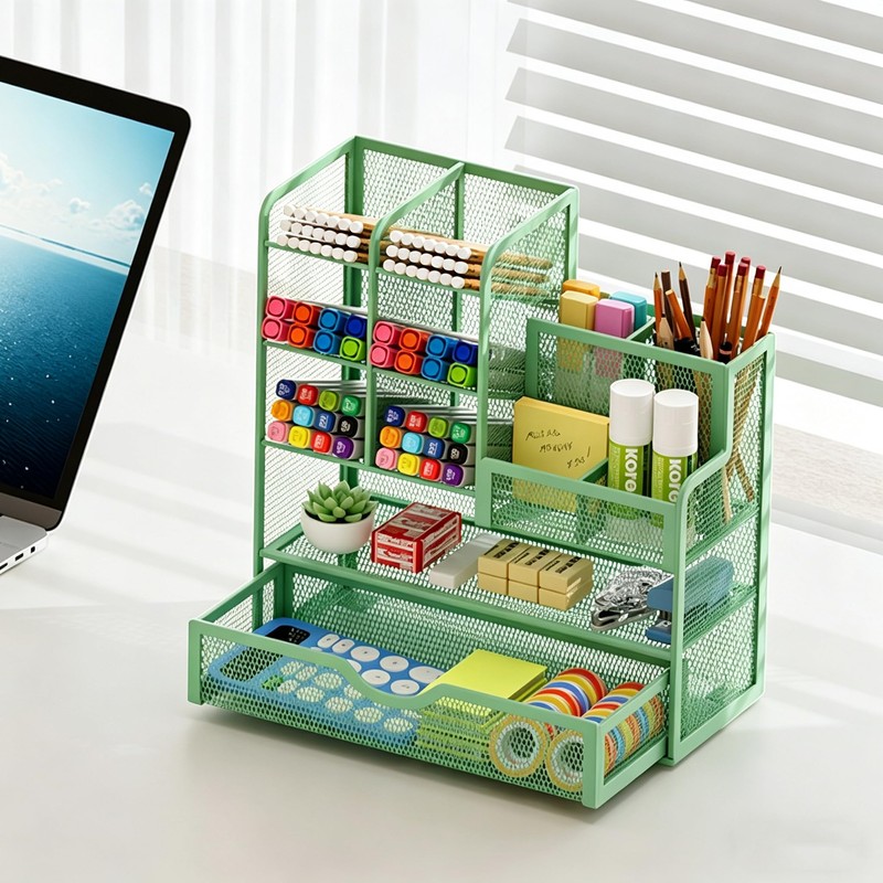 Marbrasse Mesh Desk Organiser, Multifunctional Pen Holder with Drawer, Storage