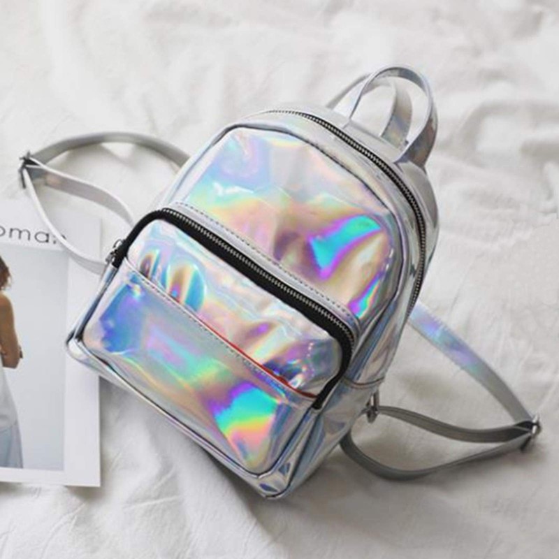 APOSITV Women's Backpack, Metallic, Small, Silver, Pink, Glitter, Lightweight, Hologram