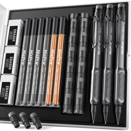 Nicpro 3 Pack Weatherproof Mechanical Pencil Set, 1.3mm Mechanical Pencils, Heavy Duty Lead Pencil for Outdoor All Weather Marking Drafting Drawing with 75 Lead Refills, Erasers, Case (Black, HD1000)