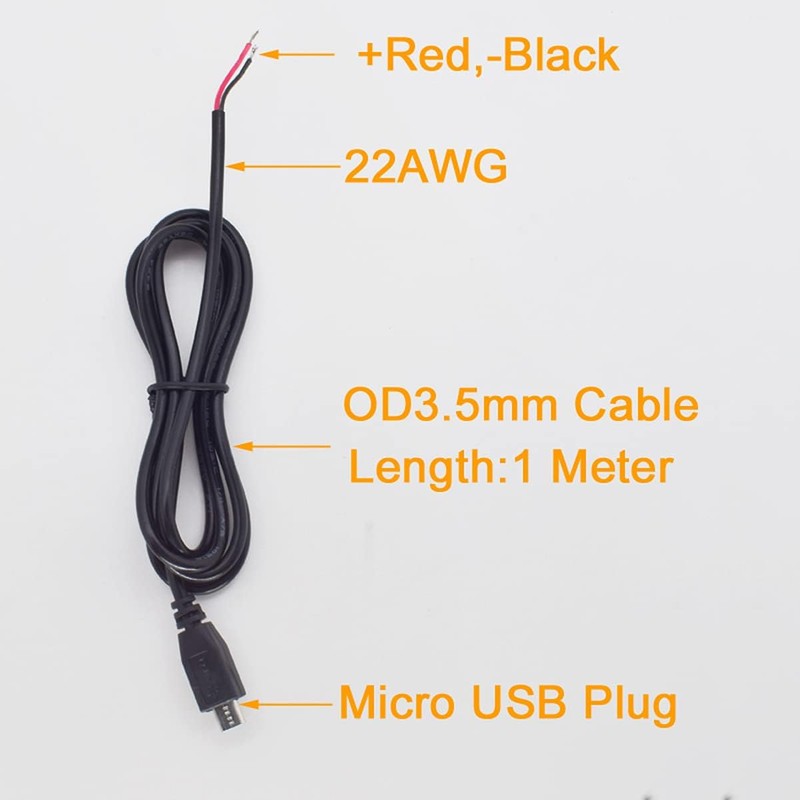 ELNONE 1M/3.3FT Micro USB Pigtail Male,22AWG 5V 3A Micro USB