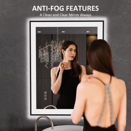 LOAAO 28"X36" LED Bathroom Mirror Black Framed, Anti-Fog, Dimmable, Lighted Bathroom Vanity Mirror for Wall, Memory Function, Tempered Glass