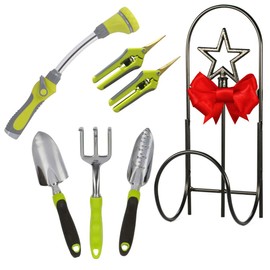Ultimate Gardening Tool Set - Includes Wrought Iron Hose Holder,Watering Wand, Garden Hand Tools and Set of Two Garden Scissors. Gardening Gifts for Men and Women