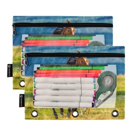JIPONI Beautiful Horses on Summer Field Pencil Pouch for 3 Ring Binder, 2 Pack Zipper Binder Pencil Pouch with Clear Window Pencil Bag for School Office Supplies