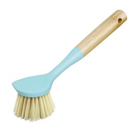 OGGI Natural Bamboo Dish Brush - Non-Scratch, Odorless Nylon Bristles, Durable Scrub Brush with Scraper for Grease & Grime, Safe Cleaning Brush for Non-Stick Cookware - Turquoise Accent Color