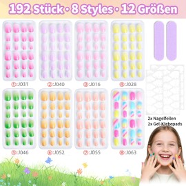 Pack of 192 Children's Short Shiny Press On Nails, Gradient False Nails for Children with Nail Glue - 8 Styles Acrylic Nails Art Tip for Square Full Cover Fake Nails for Girls (BuntC)