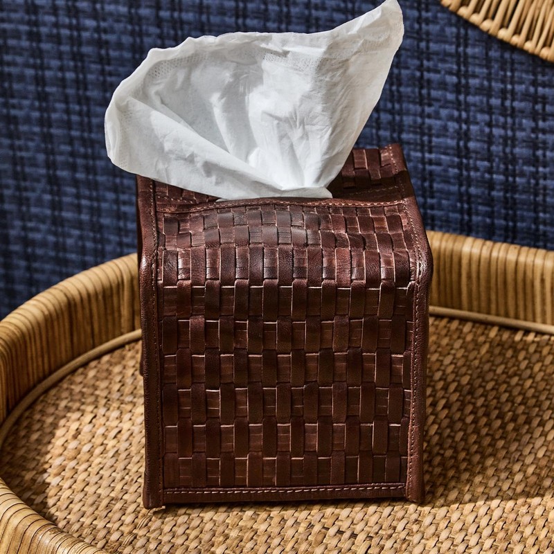 Two's Company Chestnut Woven Leather Tissue Box Cover, 5.5-Inch