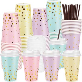 40 Set 12oz Pastel Gold Dot Paper Cup Sparkly Gold Foil Disposable Cups with Lids and Straws Pastel Gradient Cup for Hot Cold Coffee Juice for Wedding Bride Shower Party Supplies