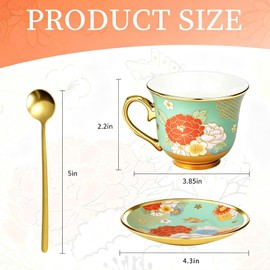 8 Set Floral Tea Cups and Saucers, 8 OZ Porcelain Tea Cup Set for Cappuccino, Chinese Tea, Coffee for Afternoon Tea Birthday Party Housewarming Thanksgiving Day Christmas Day gifts