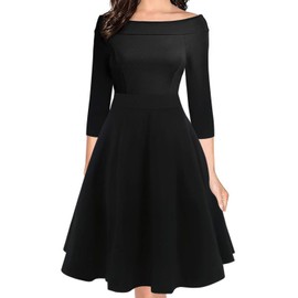 oxiuly Women's 3/4 Sleeve Off Shoulder Solid Cotton A-Line Swing Cocktail Party Dress with Pockets OX232 (M, Black Solid 7F)