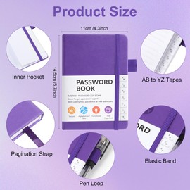 JUNART A6 Password Book,Internet Password Log Book with Alphabetical Tabs, Hardcover Address Book with Elastic Pen Loop(Purple)