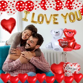 Valentines Day Balloons - 55pcs Valentines Day Decorations Kit Included 200pcs Rose Petals, I Love You Balloons, Heart Foil Balloons for Wedding Anniversary Special Night Romantic Decorations