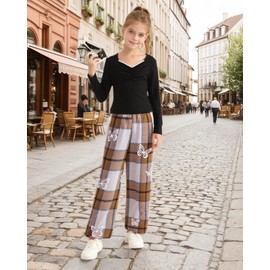 YOURUIKEY Girls' Clothing Set Lace V Neck Shirt Plaid Butterfly Pants Kids 2 Piece Fall Winter Outfit Tween Girl Trendy Clothes Size 10