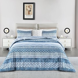 BOLINLIVING Boho Duvet Cover King Size, Soft Bohomian King Duvet Cover with 2 Pillow Shams, 3 Pieces Breathable Bedding Set for All Season with Zipper Closure and Corner Ties,(Blue 104"×90")