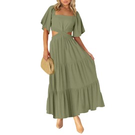 LEANI Womens Ruffle Summer Dresses Cutout Waist Maxi Dress Flowy Tiered Beach Dress ArmyGreen