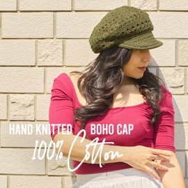 Women's Vintage Lace Beret with Visor, A Handmade 100% Cotton Sun Hat & Summer Raffia Crochet Cap Black