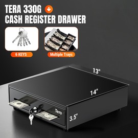 Tera 13" Cash Register Drawer for Point of Sale POS System with 4 Bill 5 Coin Cash Tray 6 Keys Auto Open Removable Coin Compartment Key-Lock 24V RJ12 Interface Media Slot for Small Business 330G