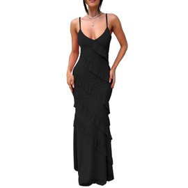 HOCILLE Women's Sexy V Neck Backless Bodycon Spaghetti Strap Elegant Ruffle Maxi Cocktail Party Dresses, Small, Black