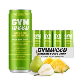 GYM WEED Athletic Focus Drink with KSM-66 Ashwagandha, Lion's Mane Mushroom, L-Theanine, 200mg Green Tea Caffeine with Natural Sweeteners Pear Pineapple Flavor, 12 Pack