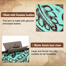 DEEKA Western Hair Clips, Large Real Leather Brown and Turquoise Embossed Tooled 4" Hair Claw Clips - Green, Ideal for Thick Hair, Western Hair Accessories Gift for Women and Girls