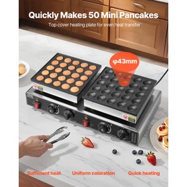 VEVOR 50PCS Mini Dutch Pancake Maker, Non-stick Stainless Steel Dorayaki Baker, 1800W Commercial Electric Poffertjes Grill Pan, Dual Temp & Time Control, for Kitchen Restaurant Breakfast Dessert