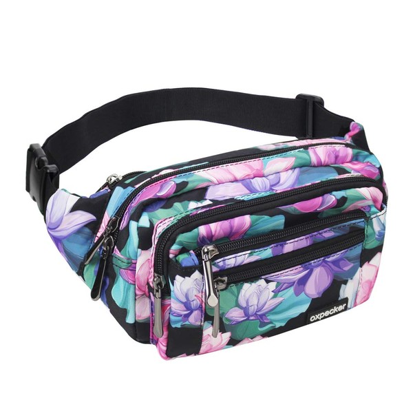 Oxpecker Waist Pack Bag with Rain Cover, Waterproof Fanny Pack for Men&Women, Workout Traveling Casual Running Hiking Cycling, Hip Bum Bag with Adjustable Strap for Outdoors (Black Base Floral)