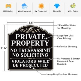 Faittoo Private Property No Trespassing No Soliciting Sign, Violators Will Be Prosecuted Sign, 11.6 x 11.6 Inch Reflective Aluminum, UV Protected, Weather/Fade Resistant, Easy to Install