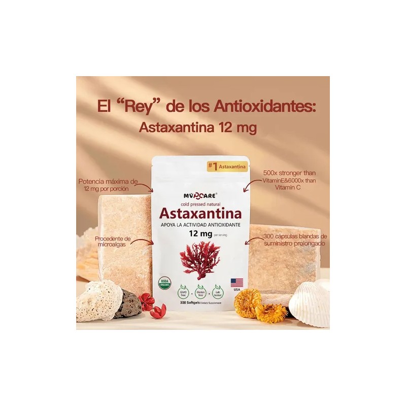 Astaxantina 12mg 300 Cápsulas Blandas Antioxidante Sin Sabor