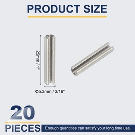 PATIKIL Slotted Spring Pin, 20 Pcs 3/16" x 1" (5.3mm x 25mm) 304 Stainless Steel Split Roll Pins Spring Dowel for Home Improvement Automotive Machine Repair, Silver