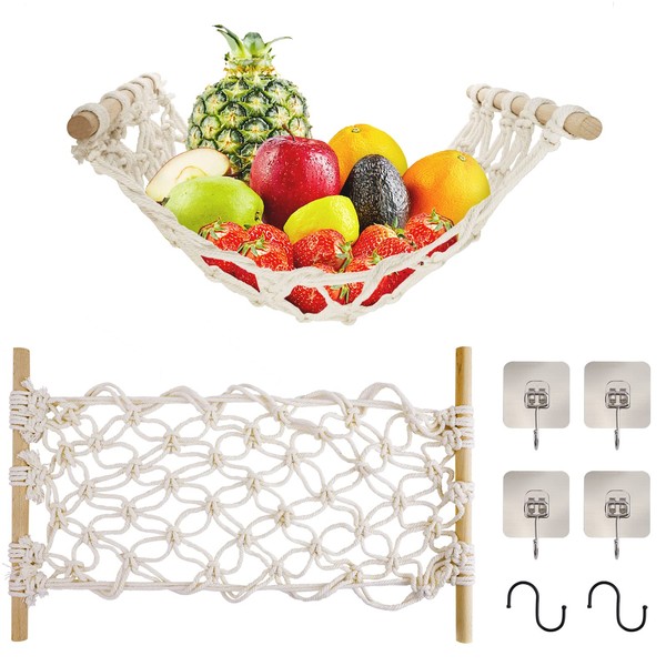 Hanging Fruit Hammock, Fruit Hanging Net, Handmade Woven with 4 Pieces Hooks, No Drilling and 2 Pieces S-Hooks, Space Saving Hammock for Fruit Under Cabinet for Kitchen Home Motorhomes