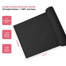 ZALEEN Honeycomb Packing Paper for Moving -15 In x 131 Ft, Shock Proof Black Wrapping Paper Roll for Shipping With 20 Fragile Stickers & 100Ft Jute Twine