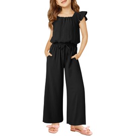 Haloumoning Girls Jumpsuits Kids Fashion Ruffle Sleeves Square Neck Rompers Drawstring Overalls with Pockets