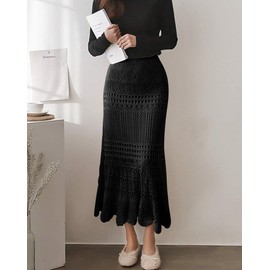 chouyatou Women's Stretched High Waist Crochet Hollow Out Knit Flowy Patterned Lace Maxi Skirt (X-Large, Black)