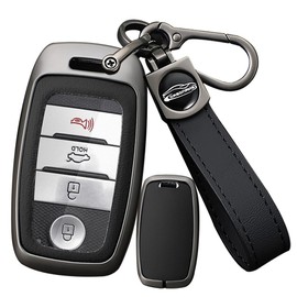 SANRILY Keyless Metal 3/4/6 Button Smart Key Fob Cover Compatible with Kia Seltos Carens 2022 Sonet Rio Rio5 Sportage Ceed Cerato K3 KX3 K4 K5 Sorento Optima Picanto with Leather Keychain Black