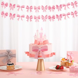 FuWeave 5 Pcs 49.4Ft Coquette Pink Bow Paper Garland Banner Coquette Birthday Pink Bow Party Decorations for Bow Birthday Baby Shower Bridal Shower Bachelorette Party Decor