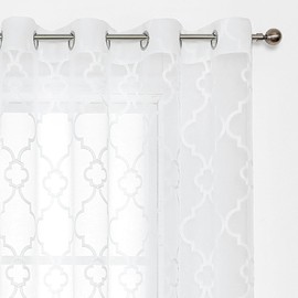 White Sheer Curtains for Bedroom Living Room 84 Inches Long Lattice Geometric Embroidered Semi Sheer Curtain Panels Linen Textured Moroccan Voile Window Treatment Sets, 52"w x 2pcs, Grommet Top