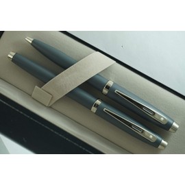Sheaffer 100 matte Gray Signature mid ring and dot of excellence, Medium Point Fountain Pen and Ballpoint pen set