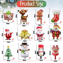 12pcs Christmas Foil Balloons Merry Christmas Party Balloons Decorations Set with Large Mini Christmas Tree Santa Claus Snowman Reindeer Aluminum Mylar Helium Self Inflate Balloons for Xmas New Year