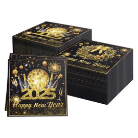 40Pcs Happy New Year Napkins, Black and Gold Napkins 33x33cm Happy New Year Eve Table Decorations Serviette Happy New Year Cocktail Napkins for 2025 New Years Eve Party Supplies Table Decoration