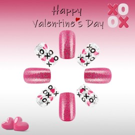 Valentines Press on Nails Medium Square Fake Nails Pink Black False Nails with Designs XOXO Kiss Heart Glossy Stick on Nails Glue on Nails Valentines Nails Acrylic Nails for Women Girls 24 Pcs