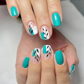 Square Press on Nails Medium Fake Nails with Black Leaves Designs Dot Glue on Nails Blue-Green Full Cover Nails Press ons Light Pink False Nails Glossy Square Artificial Stick on Nails for Women 24Pcs