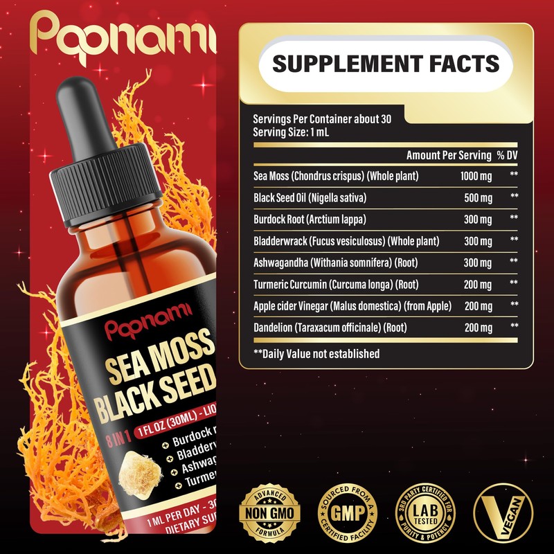 Papnami 8in1 Sea Moss Liquid Drops with Sea Moss, Black