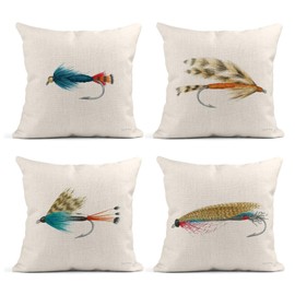 Tarolo Set of 4 Linen Throw Pillow Cover Case Fishin Fish Hook Decorative Pillow Cases Covers Home Decor Square 18 x 18 Inches Pillowcases