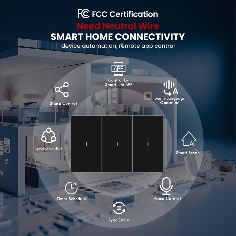 LOUYSGEN Smart Light Switch Need Neutral Wire,FCC Certified,2.4GHz WiFi Push
