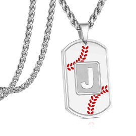GWIZJ Baseball J Letter Initial Necklace for Men, Dog Tag Pendant Chain Gifts Boyfriend Him Stuff Gear Charm Accessories Sports Athletes Jersey Stainless Steel Jewelry Silver