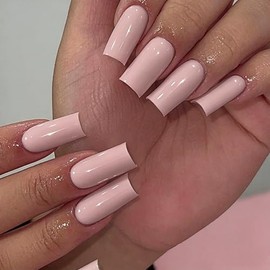 Uñas Postizas Largas Cuadradas Color Rosa Coral, Uñas Postizas Medianas Tipo Ataúd, Uñas Postizas Largas con Pegamento, Uñas Acrílicas Gruesas Natural